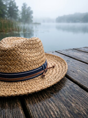 Fototapeta premium Straw Sun Hat on Wooden Boardwalk with Beautiful Serene Foggy Landscape