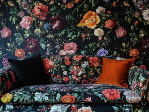 Mystical textile design featuring dark floral patterns, enchanting decorative details, and an atmospheric fantasy-inspired aesthetic