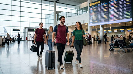 Fototapeta premium A group of four friends walking through a bright, modern airport terminal with their luggage, ready for their flight.