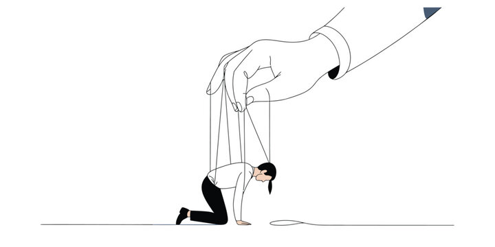 Large hand controlling a kneeling person like a puppet with strings Vector, illustration