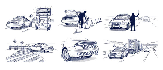 Police car traffic safety illustrations set showing highway patrol officers directing road construction, setting up emergency cones, and escorting heavy cargo on highway in retro line art style. © Dinali