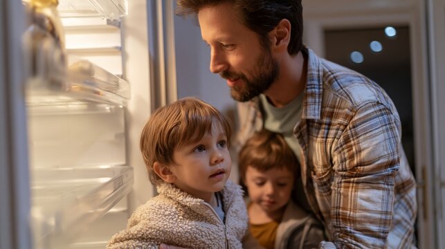 Family checking a nearly empty refrigerator at home, symbolizing rising living costs, food insecurity and household financial hardship