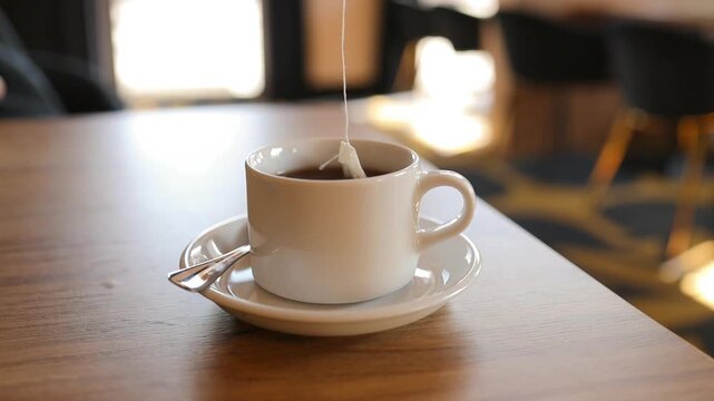 Close up of ceramic coffee cups on saucers on wooden table.