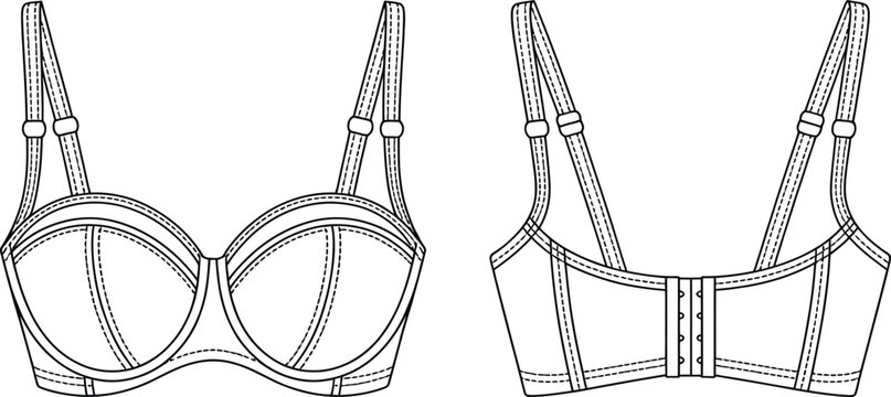 Black and white line art of a strappy underwire bra front and back views
