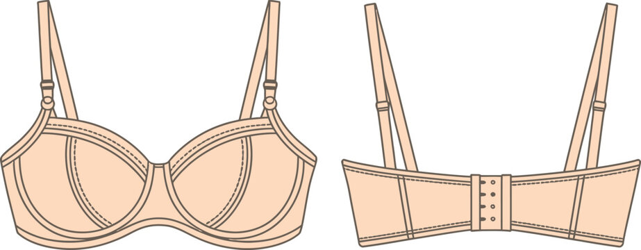 Beige underwire bra illustration front and back view technical design