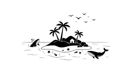 Tropical Island Paradise with Whales and Palm Trees - Minimalist Black and White Illustration © illustration vector 