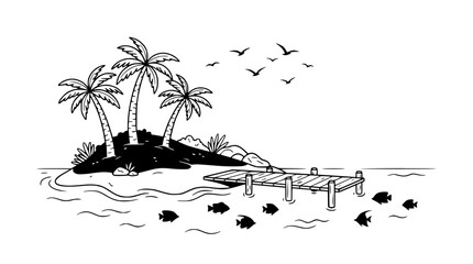 Tropical Island Paradise with Palm Trees, Dock and Fish - Black and White Line Art © illustration vector 
