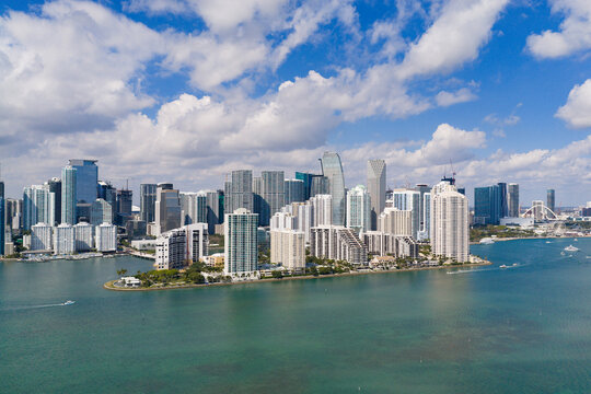 Miami skyline. Miami cityscape with residential towers. Miami waterfront panorama. Miami downtown skyline near Brickell.