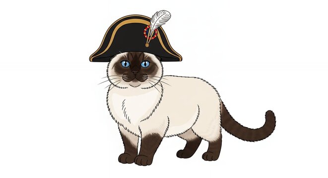 Funny Siamese Cat in Emperor Costume Wearing a Black Bicorne Hat with White Feather on White Background