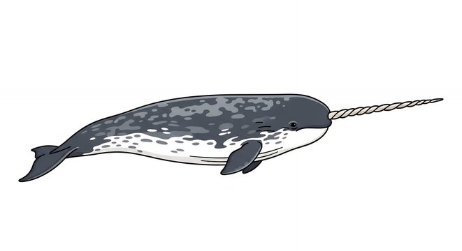 Arctic Narwhal Sea Creature Illustration with Long Spiral Tusk and Grey Spotted Body on White Background