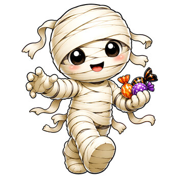 Cute cartoon mummy holding Halloween candy isolated on transparent background for design projects