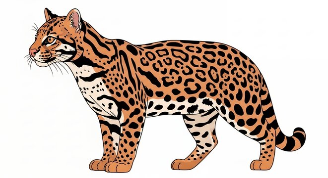 Exotic Ocelot Wild Cat Side View Illustration with Detailed Spotted Pattern Isolated on White Background