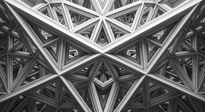 Complex Geometric Architectural Framework Featuring Intricate Metallic Triangular Structures and Symmetrical Steel Truss Patterns