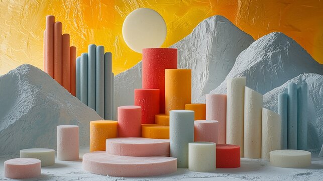 Colorful cylinders on textured platforms, mountainous backdrop, sunset