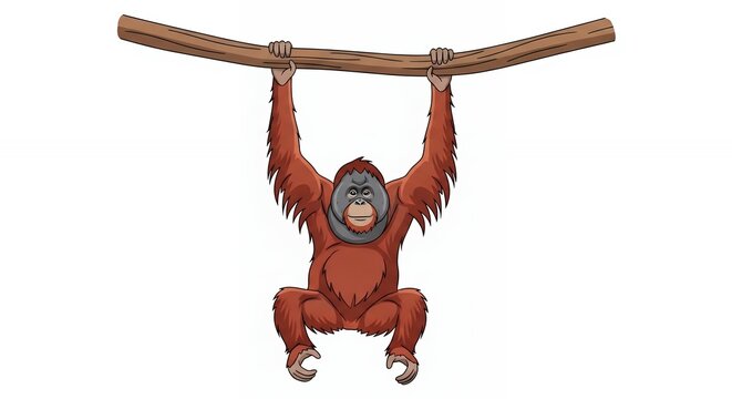 Cute Cartoon Orangutan Great Ape Hanging From a Wooden Tree Branch Graphic Illustration Isolated on White