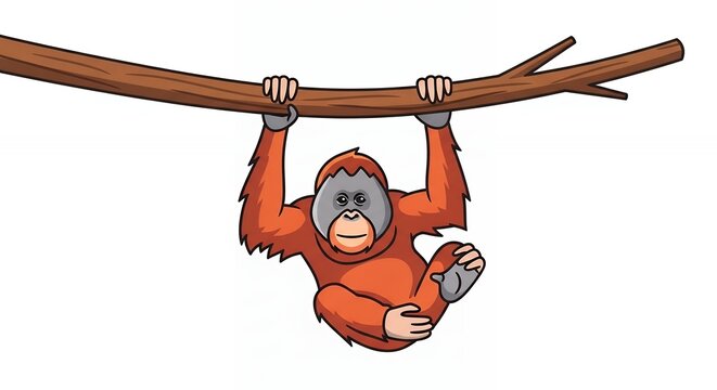 Cute Orangutan Hanging on a Tree Branch Illustration for Animal Conservation and Wildlife Educational Design