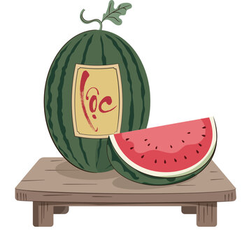 Traditional vietnamese tet watermelon with loc calligraphy and slice