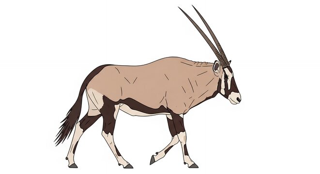 Detailed Side View Illustration of an African Gemsbok Oryx Antelope with Long Horns on White Background