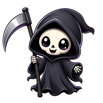 Adorable grim reaper character with scythe isolated on transparent background for spooky design
