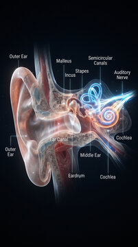 Detailed Medical Illustration of Human Ear Anatomy with Labeled Internal Structures
