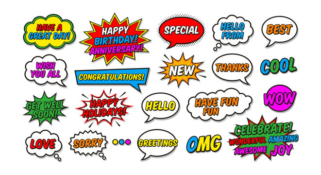 Set of colorful comic book speech bubbles and explosion shapes with funny text expressions for creative design projects