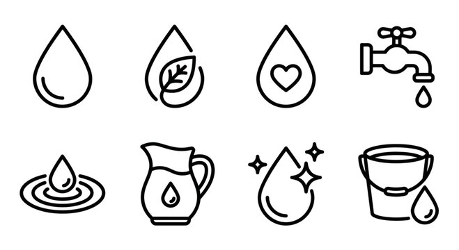 Set of water and liquid drop icons for eco friendly environment and plumbing concepts in simple black line art style