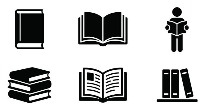 Set of black and white book icons representing reading education library school learning and literature simple graphics