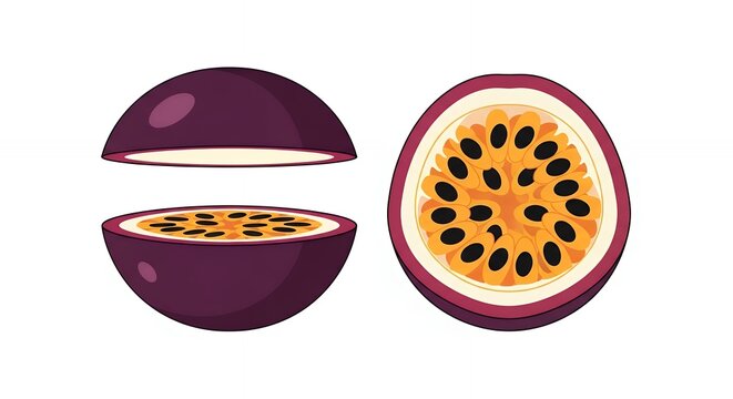 Fresh Purple Passion Fruit Illustration Set with Sliced Maracuja Pieces Isolated on White Background for Design