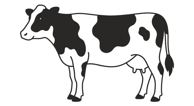 Cute black and white cow character standing in a simple flat vector illustration style for farm design projects