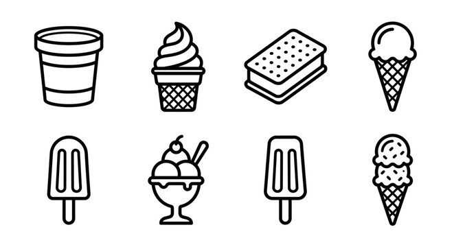 Set of simple black line icons depicting various kinds of sweet cold ice cream treats and tasty frozen desserts