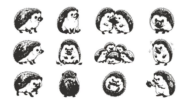 Set of cute watercolor hedgehog characters in various poses and activities for children design and scrapbooking projects