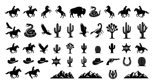 Set of black wild west icons featuring cowboys horses cacti and desert elements for creative design projects
