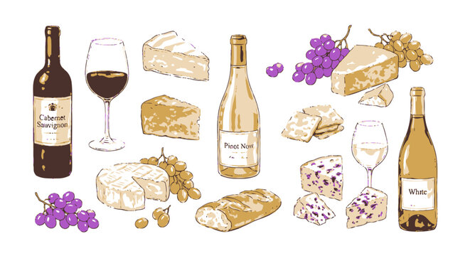 Set of wine bottles with glasses of wine and various types of delicious cheese and fresh grapes for gourmet snacks