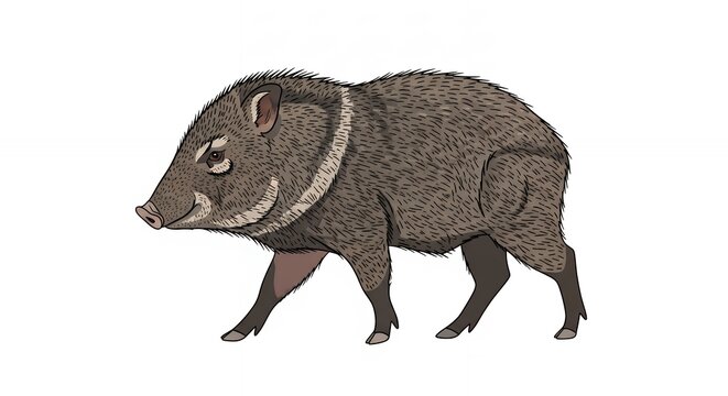 Realistic Illustration of a Collared Peccary Javelina Walking Wild Animal Isolated on a Clean White Background