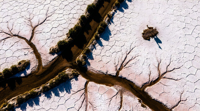AI generated image. Aerial view of river delta winding through salt flats with guanaco