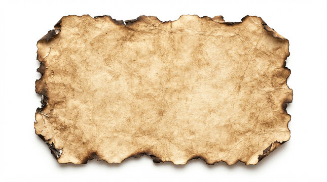 Old rustic piece of parchment paper with charred burnt edges isolated on a white background