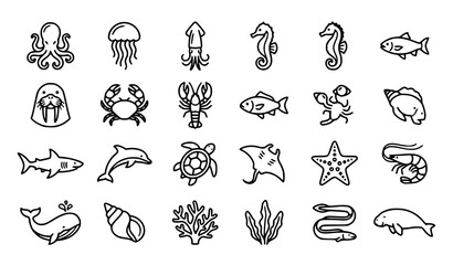 Ocean Animal Outline Icon Set Featuring Octopus Whale Fish Jellyfish Crab Coral and Shells © Sukumary