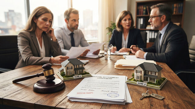 Professional lawyers and clients discuss a complex property division during a formal marital settlement legal meeting