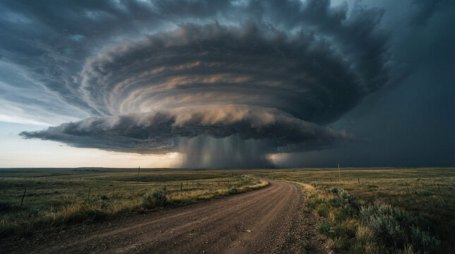 Massive rotating supercell storm cloud hovering over a quiet rural dirt road in open plains