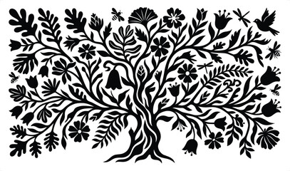 Fototapeta premium Decorative black tree with blooming flowers and flying insects in a whimsical folk art style