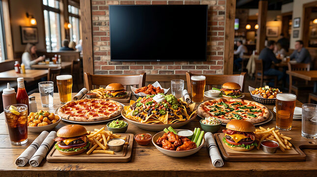 A lavish spread of pizzas, burgers, nachos, and drinks on a wooden table in a lively restaurant with people dining in the background and a large TV screen.