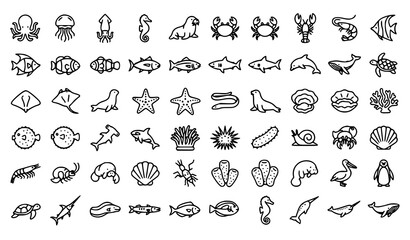 Marine Life Outline Icons Collection with Fish, Shells, Coral, Crabs and Ocean Creatures Set © Sukumary
