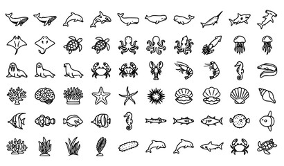Ocean Life Line Icon Collection with Fish, Shells, Coral Reefs and Marine Wildlife Symbols © Sukumary