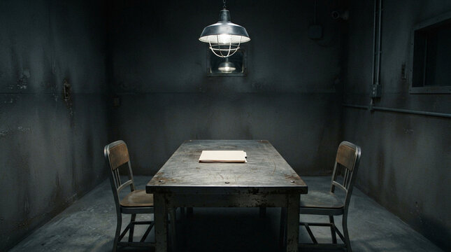 Empty metal interrogation table with chairs sits beneath a single bright hanging light in darkness