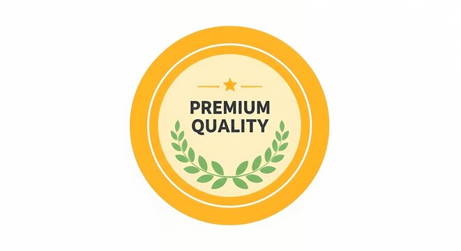 Round Golden Premium Quality Badge with Laurel Wreath and Star Symbol for Product Certification and Guarantee Sign
