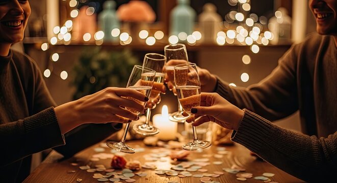 Friends clinking glasses of champagne at festive dinner party.
