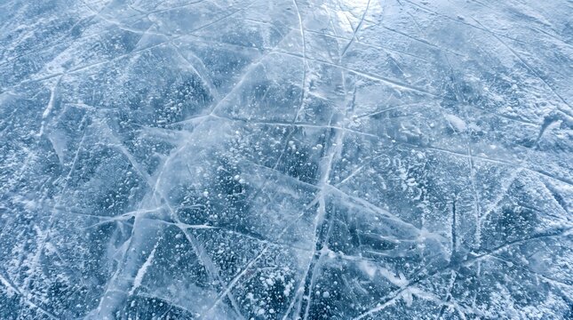 Blue frozen ice texture with scratches and bubbles on winter lake