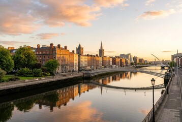 Fototapeta premium Cityscape along river during golden hour