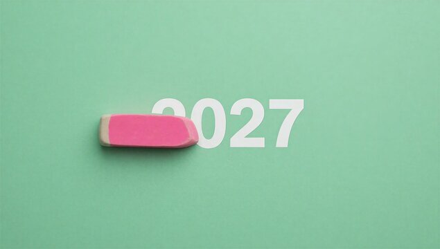 Pink eraser erasing numbers from 2027 on a bright green background, conceptual imagery of change