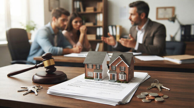 Miniature house model split in half on a legal document with gavel and metal keys